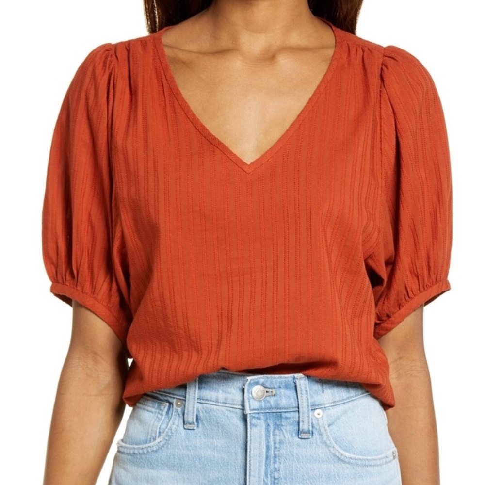 Madewell V-Neck Puff-Sleeve Top in Textured Stripe Rusty